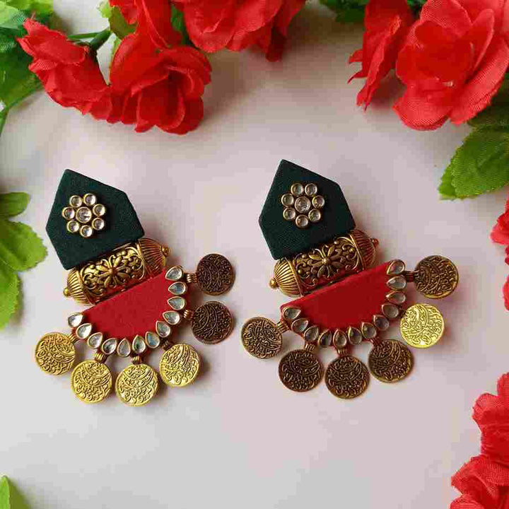 HANDMADE FABRIC EARRINGS MAITRI GREEN AND RED