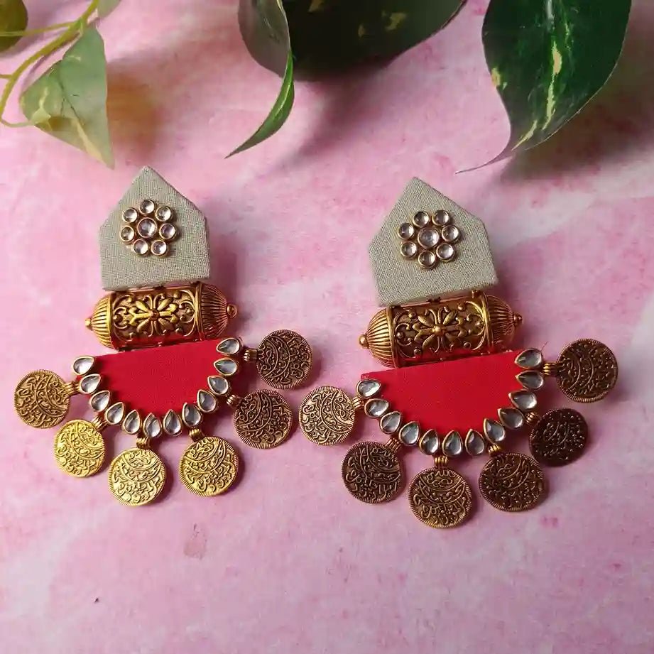 HANDMADE FABRIC EARRINGS MAITRI GREY GREEN AND RED