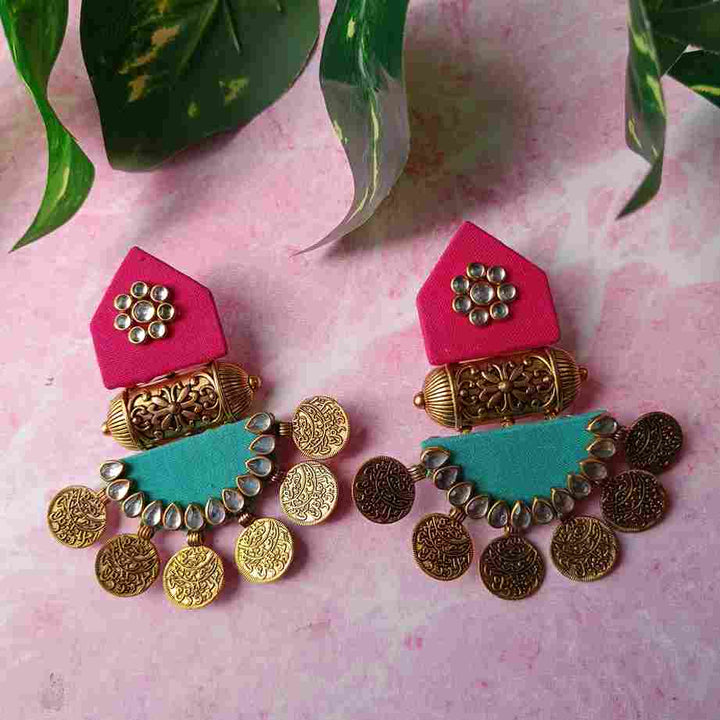 HANDMADE FABRIC EARRINGS MAITRI PINK AND EMERALD GREEN [product_variant]- TelaNaari