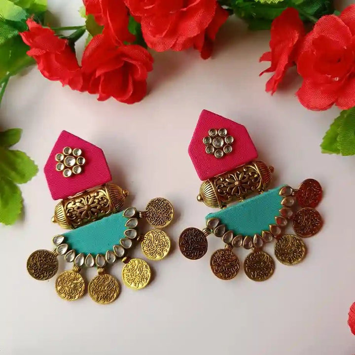 HANDMADE FABRIC EARRINGS MAITRI PINK AND EMERALD GREEN [product_variant]- TelaNaari