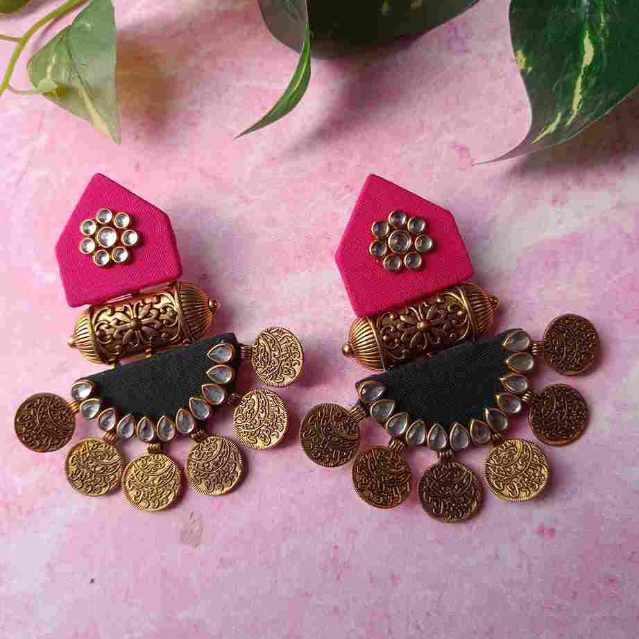 HANDMADE FABRIC EARRINGS MAITRI PINK AND GREEN