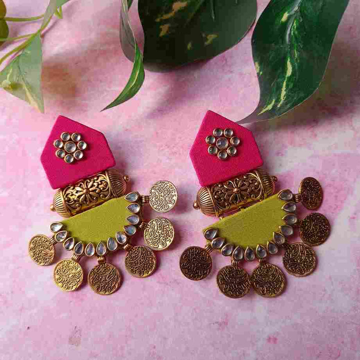 HANDMADE FABRIC EARRINGS MAITRI PINK AND GREEN