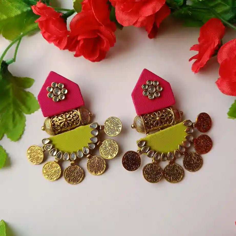 HANDMADE FABRIC EARRINGS MAITRI PINK AND GREEN