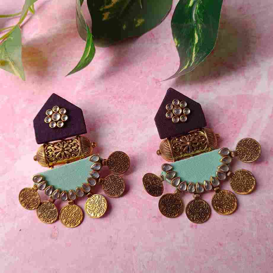 HANDMADE FABRIC EARRINGS MAITRI PURPLE AND GREY GREEN