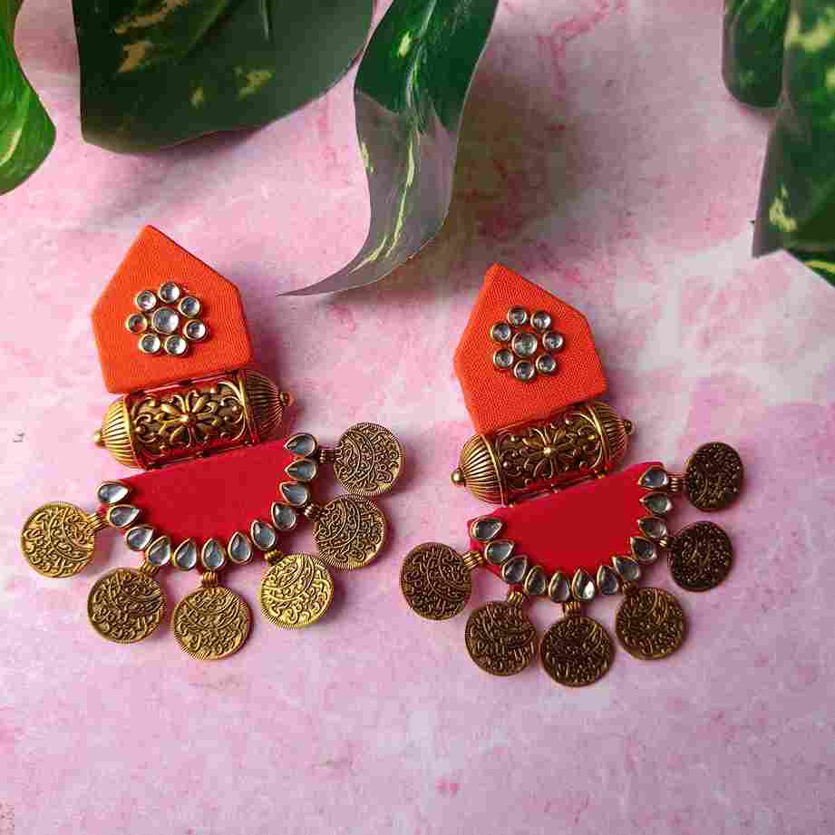 HANDMADE FABRIC EARRINGS MAITRI RED AND ORANGE