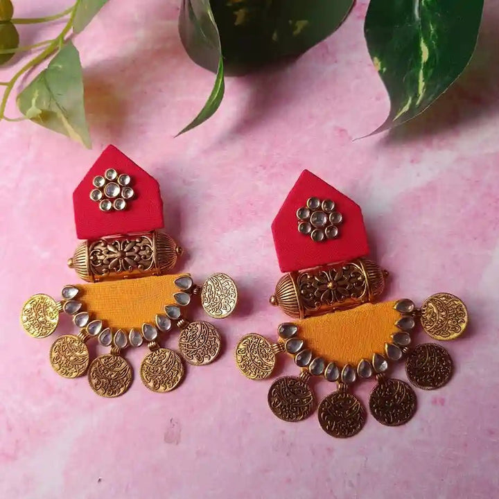 HANDMADE FABRIC EARRINGS MAITRI RED AND YELLOW