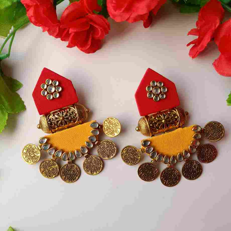 HANDMADE FABRIC EARRINGS MAITRI RED AND YELLOW