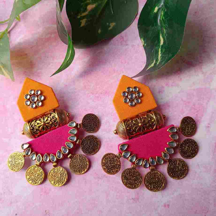 HANDMADE FABRIC EARRINGS MAITRI YELLOW AND PINK