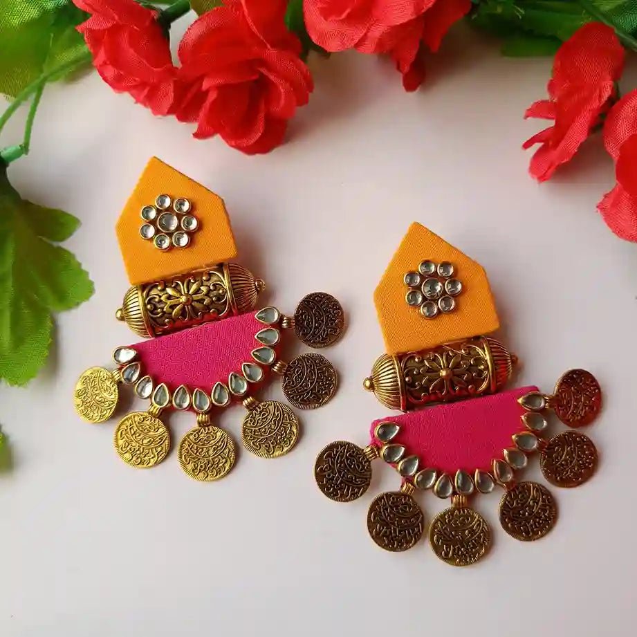 HANDMADE FABRIC EARRINGS MAITRI YELLOW AND PINK