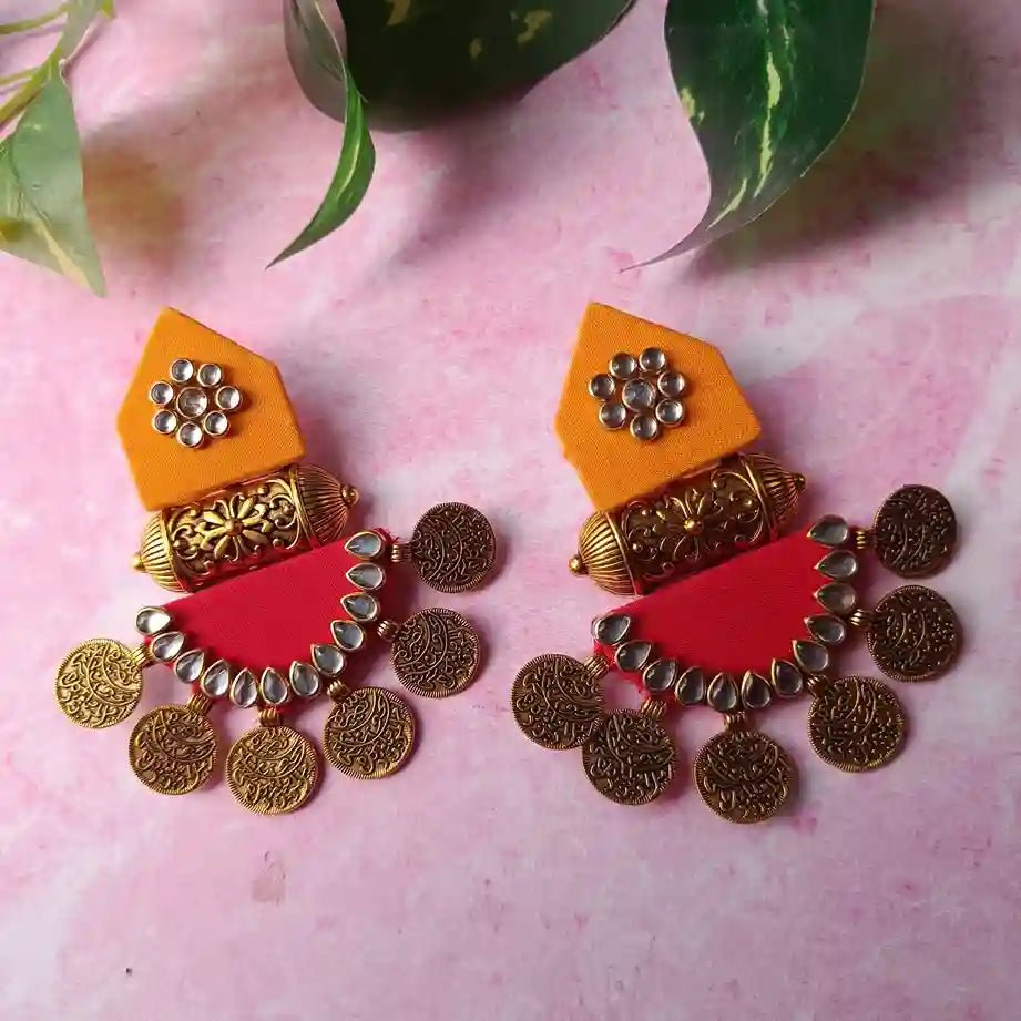 HANDMADE FABRIC EARRINGS MAITRI YELLOW AND RED