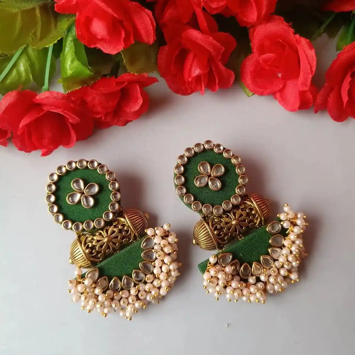 SHOP HANDMADE FABRIC EARRINGS NARGIS GREEN Online for Women