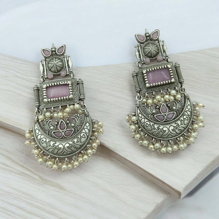 AADITA SILVER OXIDISED DANGLER EARRINGS