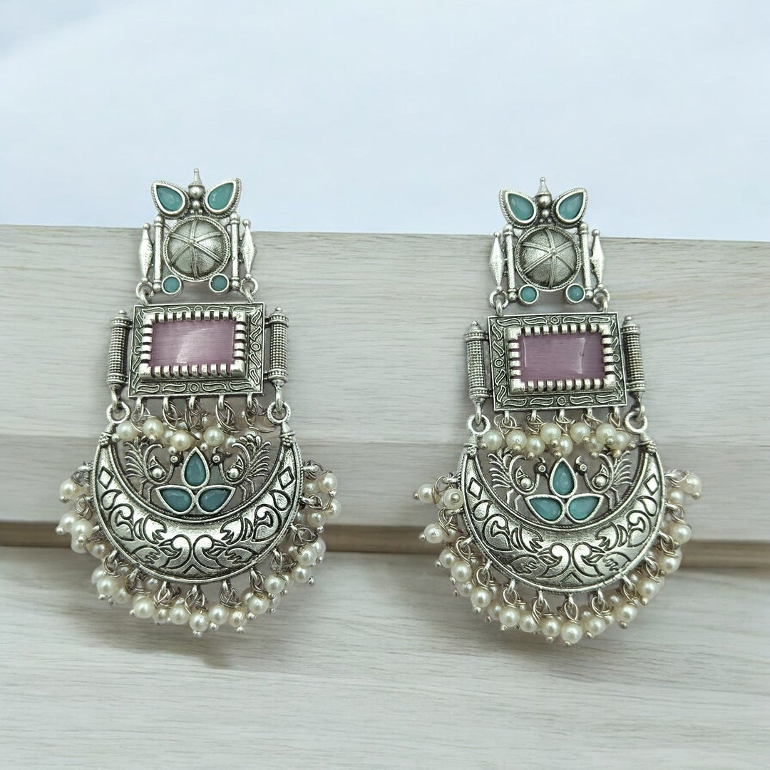 AADITA SILVER OXIDISED DANGLER EARRINGS