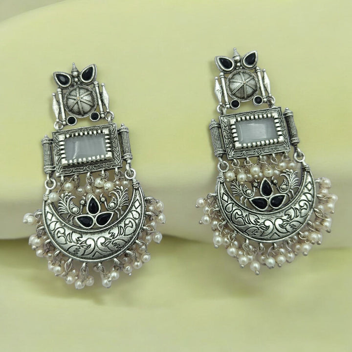 AADITA SILVER OXIDISED DANGLER EARRINGS