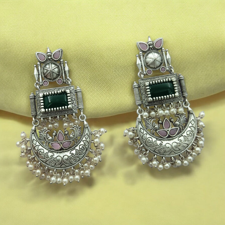 AADITA SILVER OXIDISED DANGLER EARRINGS