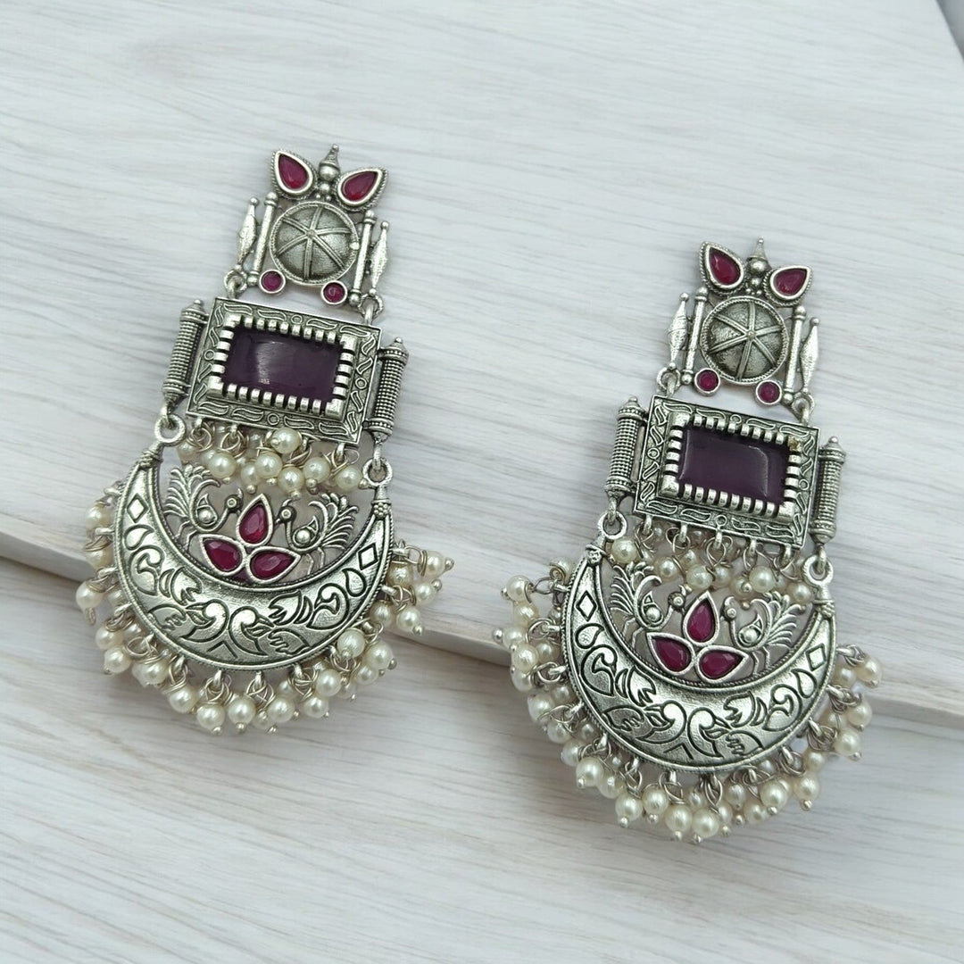 AADITA SILVER OXIDISED DANGLER EARRINGS