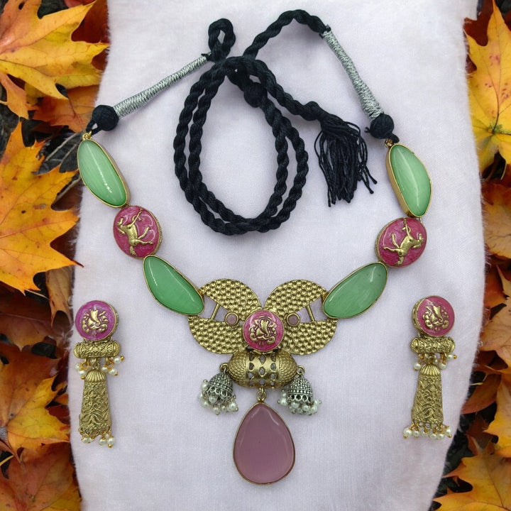 AADITRI SILVER OXIDISED DUAL TONE PINK AND LIGHT GREEN NECKLACE SET