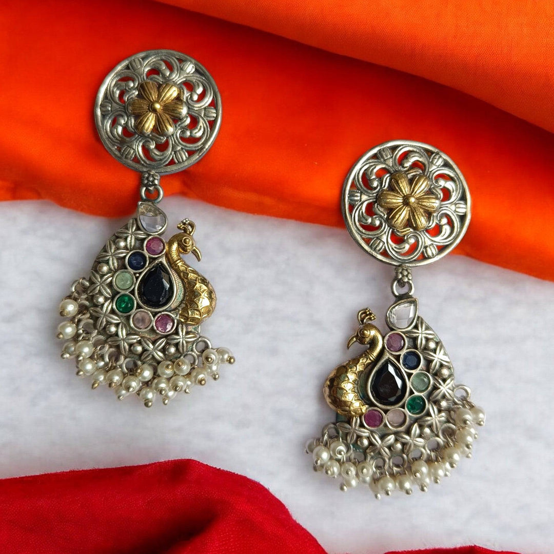 AARYAMANI GOLD TONED PEACOCK SILVER PLATED PEARL EARRINGS [product_variant]