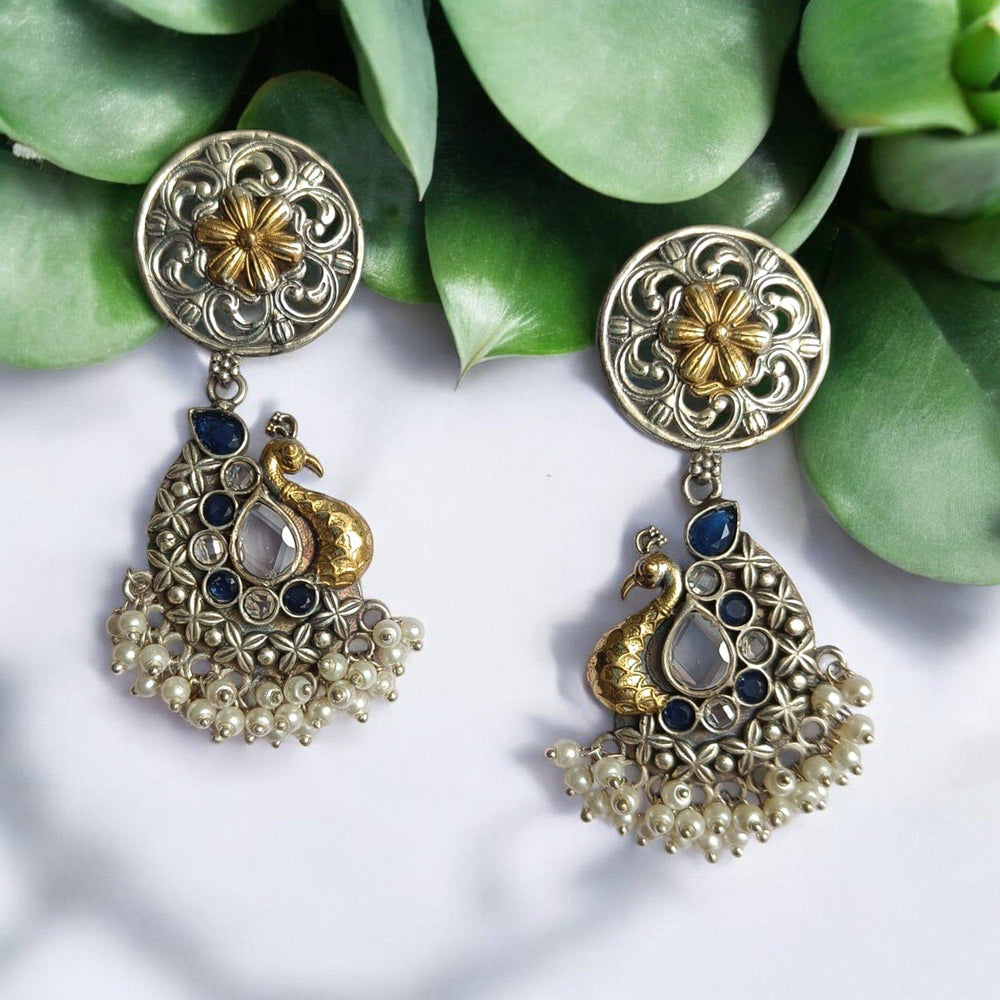 AARYAMANI GOLD TONED PEACOCK SILVER PLATED PEARL EARRINGS