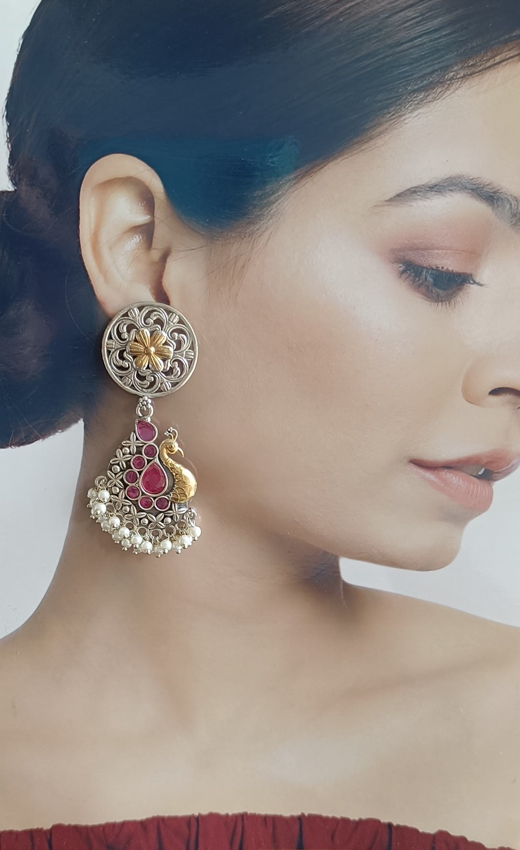 AARYAMANI GOLD TONED PEACOCK SILVER PLATED PEARL EARRINGS [product_variant]