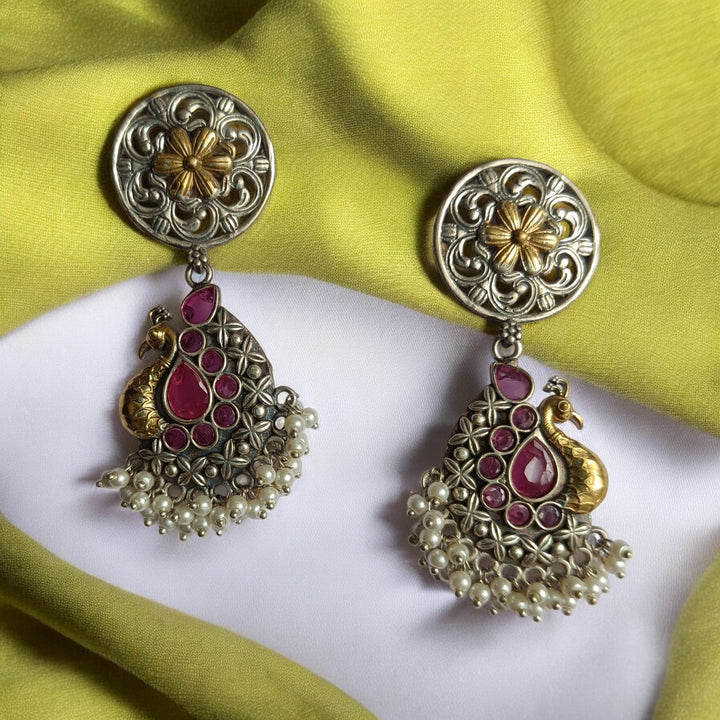 AARYAMANI GOLD TONED PEACOCK SILVER PLATED PEARL EARRINGS [product_variant]