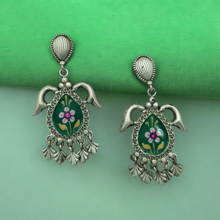 CLASSIC ELEGANT ABHARNA SILVER OXIDISED HAND PAINTED EARRINGS