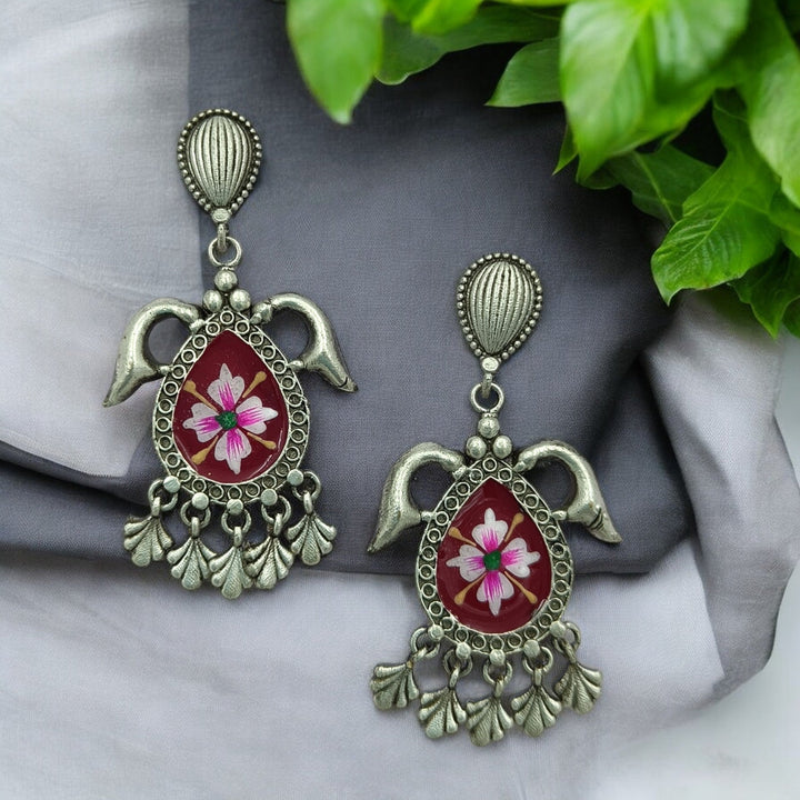 CLASSIC ELEGANT ABHARNA SILVER OXIDISED HAND PAINTED EARRINGS