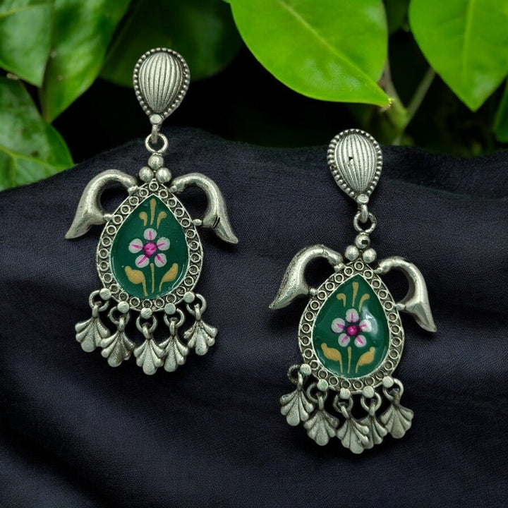 CLASSIC ELEGANT ABHARNA SILVER OXIDISED HAND PAINTED EARRINGS