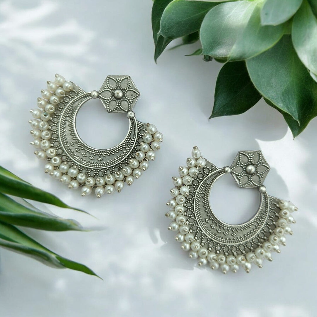 AADITA SILVER OXIDISED DANGLER EARRINGS