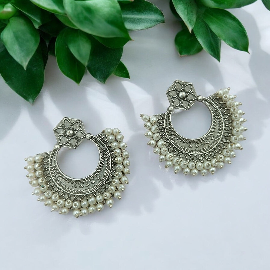 CLASSIC ELEGANT TRIPURI CHANDBALI SILVER OXIDISED EARRINGS