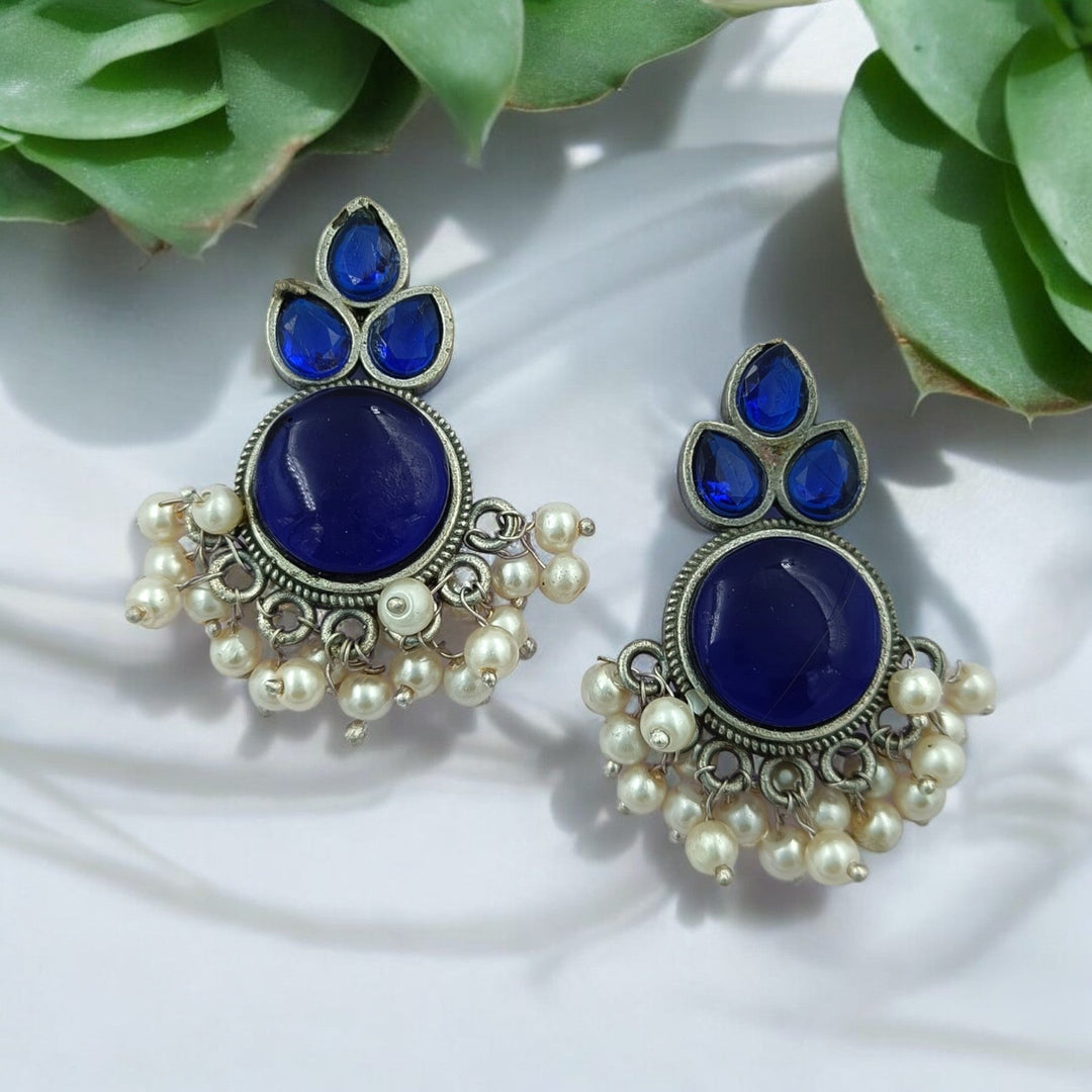 CLASSIC ELEGANT UMALAKSHMI SILVER OXIDISED PEARL EARRINGS [product_variant]- TelaNaari