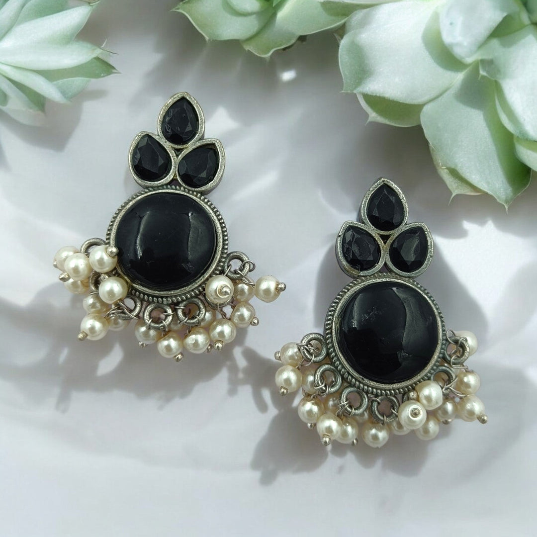 CLASSIC ELEGANT UMALAKSHMI SILVER OXIDISED PEARL EARRINGS [product_variant]- TelaNaari