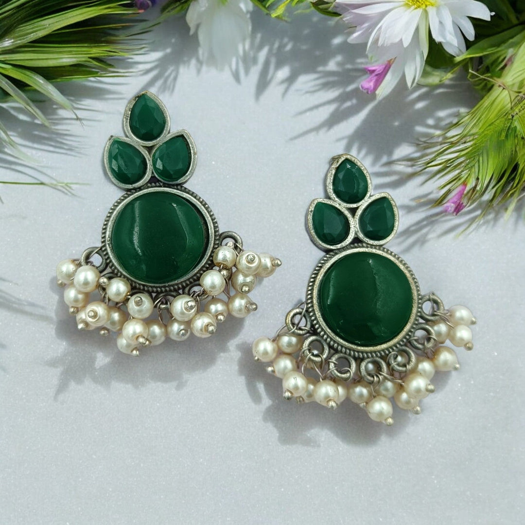 CLASSIC ELEGANT UMALAKSHMI SILVER OXIDISED PEARL EARRINGS [product_variant]- TelaNaari