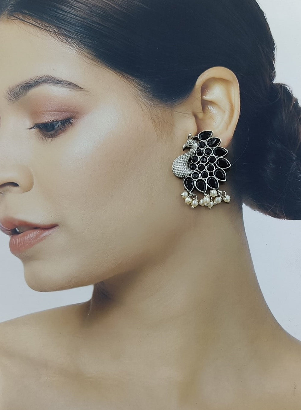 CLASSIC TIMELESS MAYUR SILVER PEARL OXIDISED EARRINGS