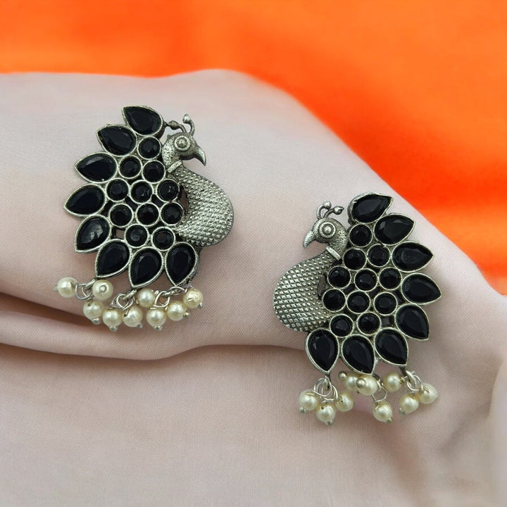 CLASSIC TIMELESS MAYUR SILVER PEARL OXIDISED EARRINGS [product_variant]- TelaNaari