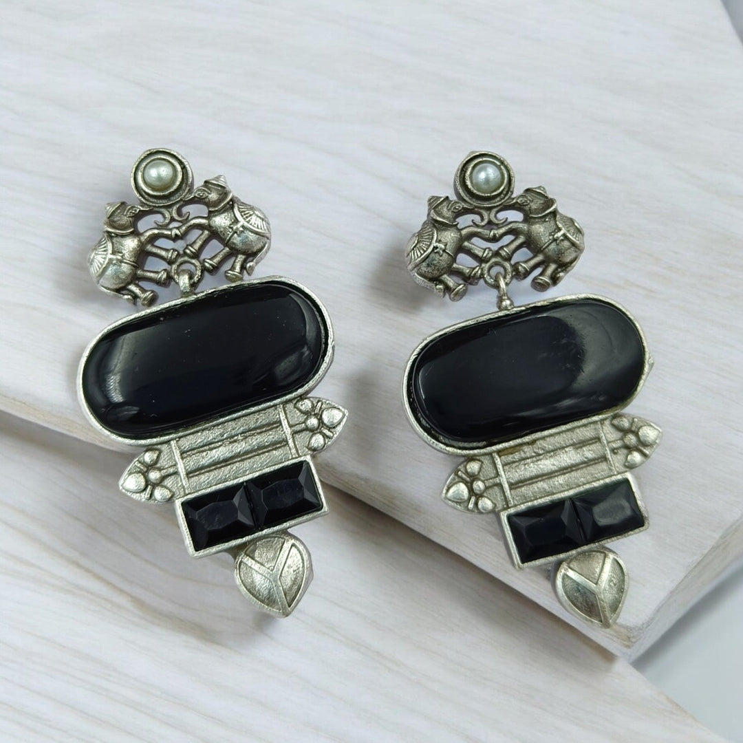 ELEGANT VINTAGE NITYA SILVER OXIDISED DANGLER EARRINGS