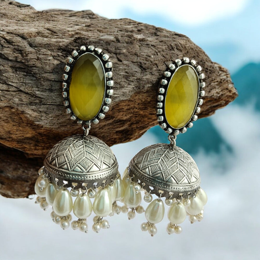 ELEGANT VINTAGE PRANVI SILVER OXIDISED PEARL EARRINGS WITH BIG JHUMKI