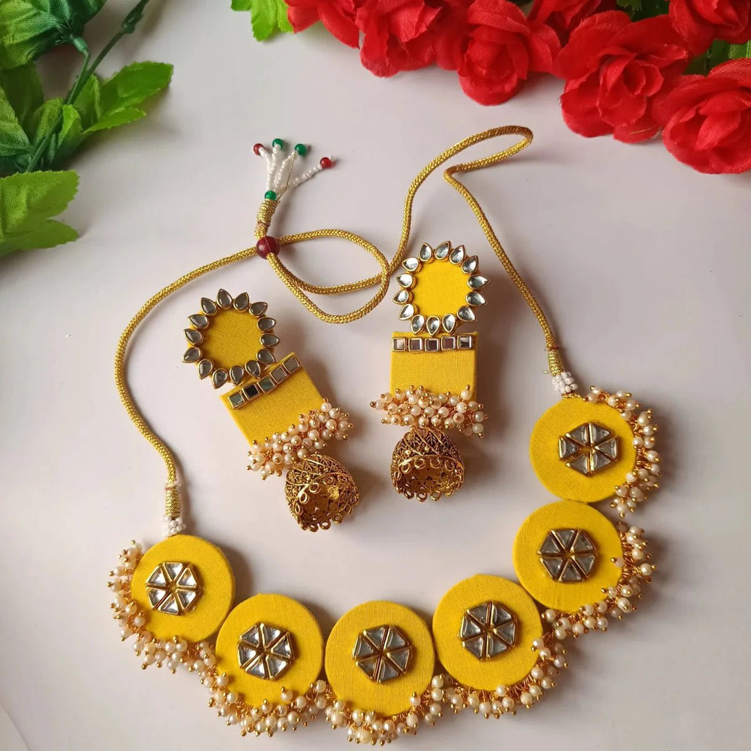 HANDMADE FABRIC CHOKER NECKLACE WITH EARRINGS & MAANG TIKA DOVE YELLOW