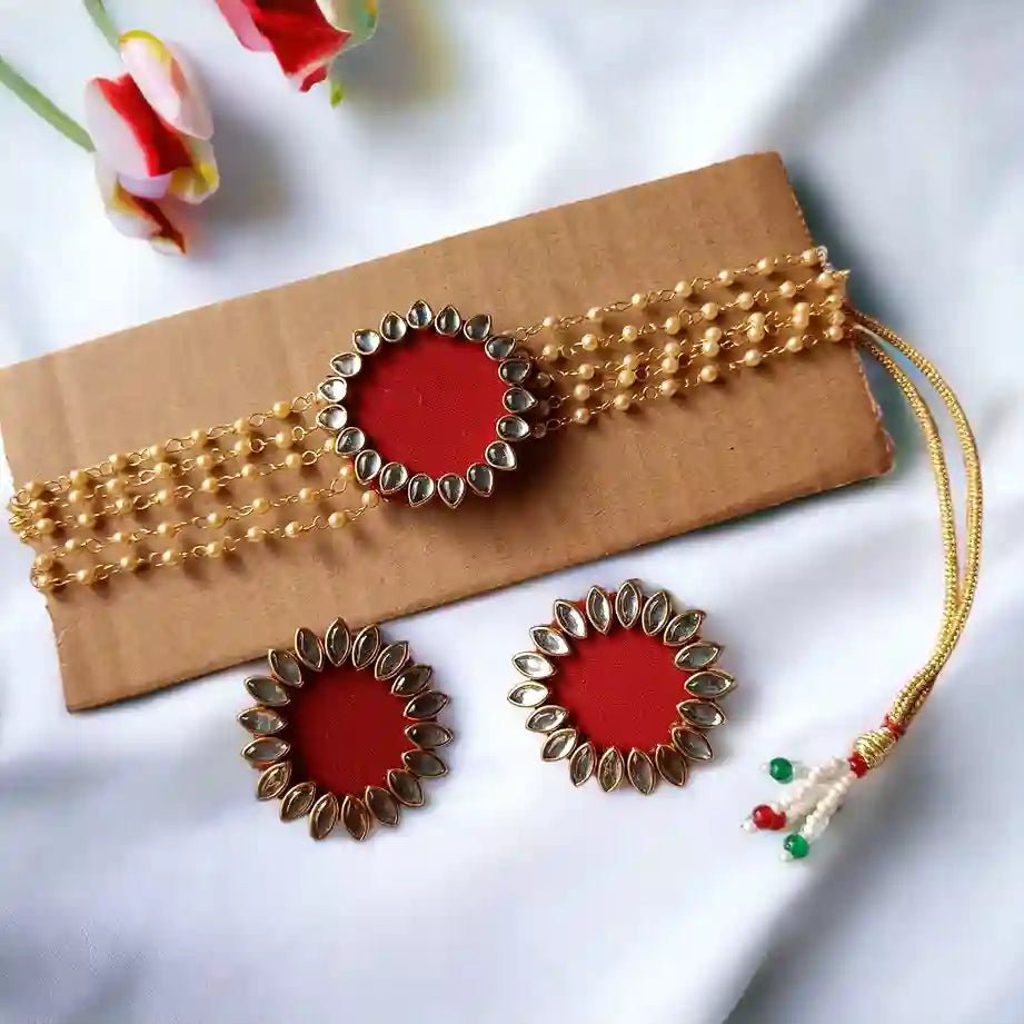 HANDMADE FABRIC CHOKER NECKLACE WITH EARRINGS NAVYA MAROON [product_variant]- TelaNaari