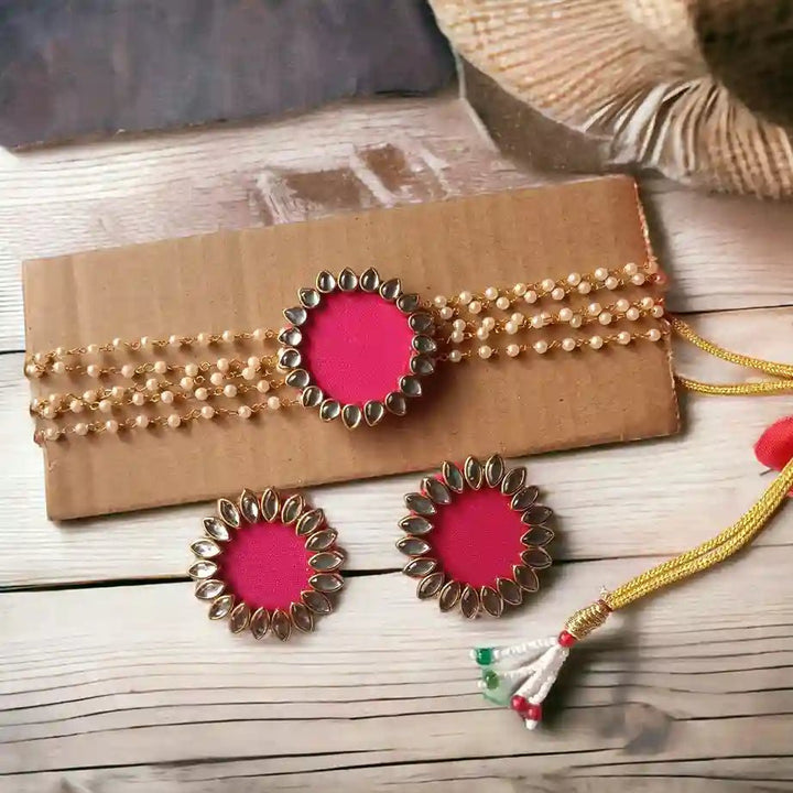 HANDMADE FABRIC CHOKER NECKLACE WITH EARRINGS NAVYA PINK [product_variant]- TelaNaari