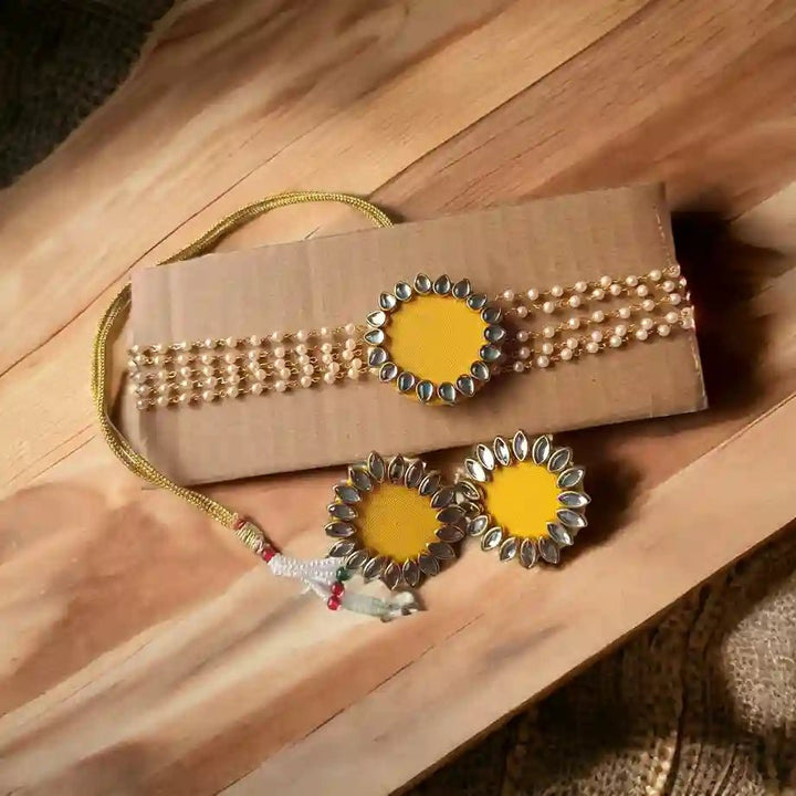 HANDMADE FABRIC CHOKER NECKLACE WITH EARRINGS NAVYA YELLOW