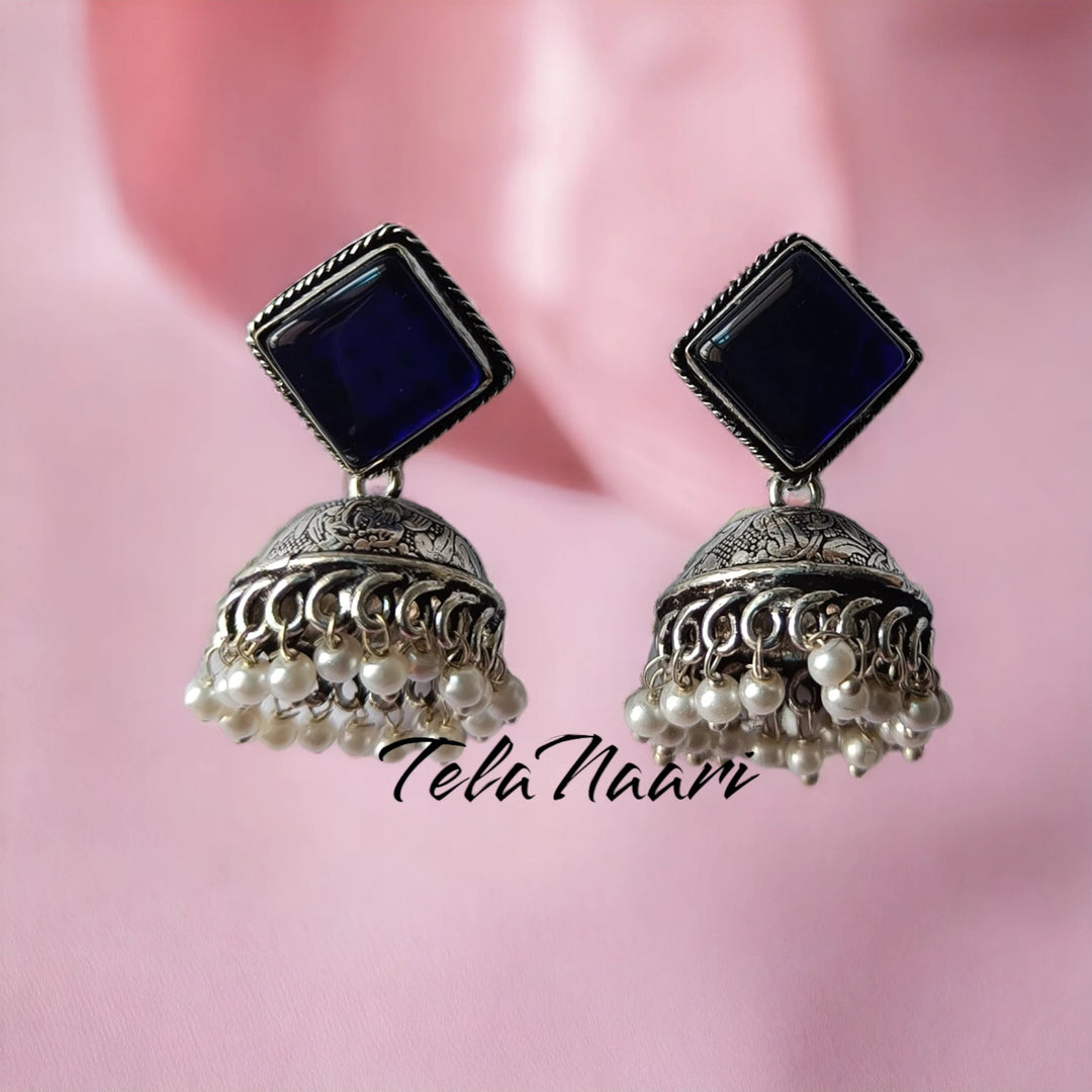 KUMKUM SILVER REPLICA EARRINGS-BLUE [product_variant]- TelaNaari