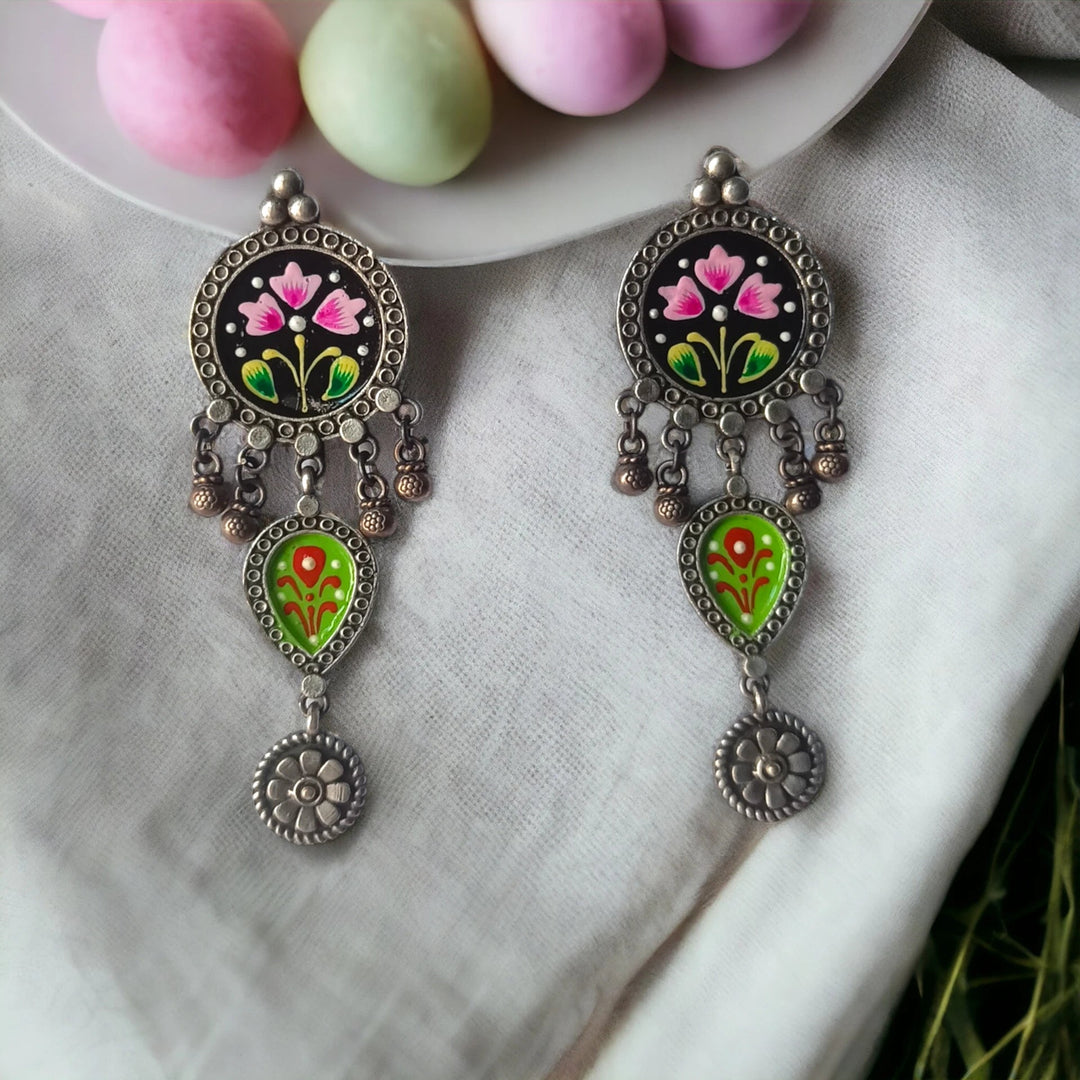 SILVER LOOK ALIKE HANDPAINTED EARRINGS CALADIUM