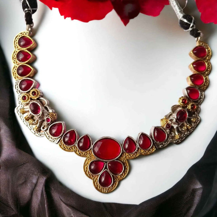 SILVER LOOK ALIKE NECKLACE WITH EARRINS ASTER RED [product_variant]- TelaNaari