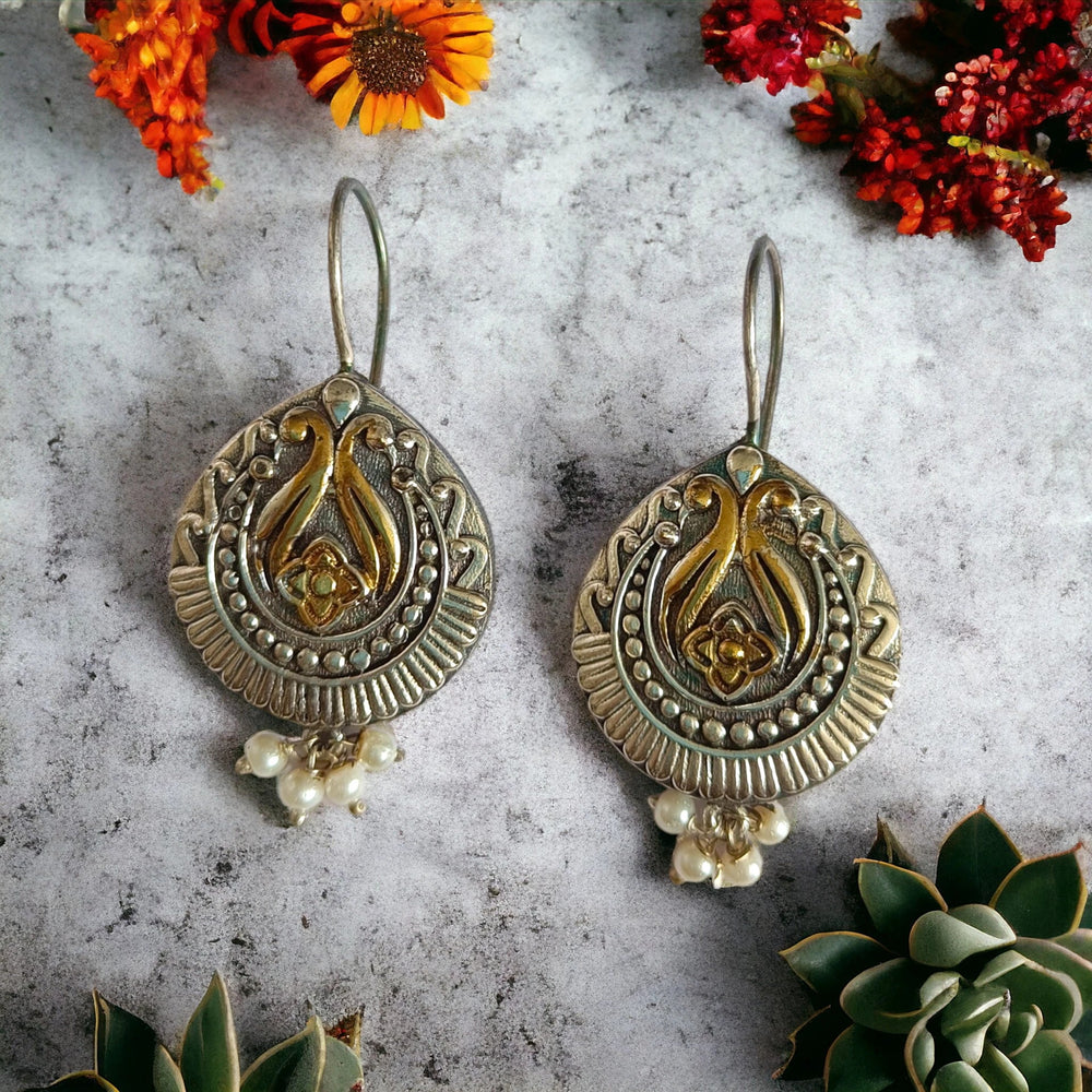 SILVER OXIDISED DUAL TONE HOOK EARRINGS NUR JAHAN