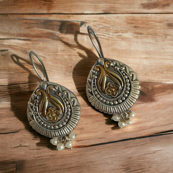 SILVER OXIDISED DUAL TONE HOOK EARRINGS NUR JAHAN [product_variant]- TelaNaari