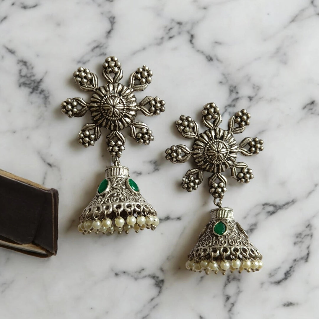 TELA NAARI CELESTIAL SILVER REPLICA JHUMKA EARRINGS