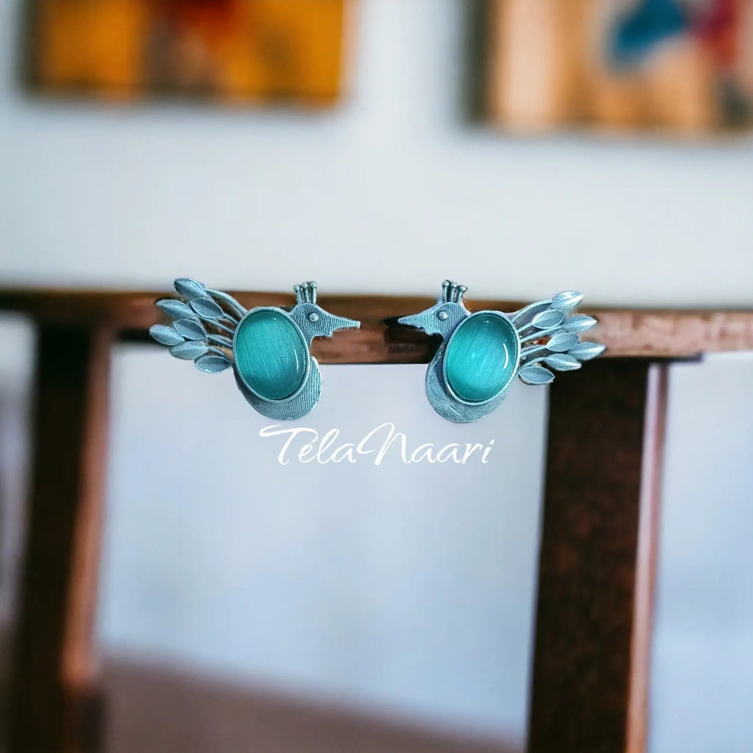 TELA NAARI CHARMING BIRD SILVER OXIDISED EARRINGS