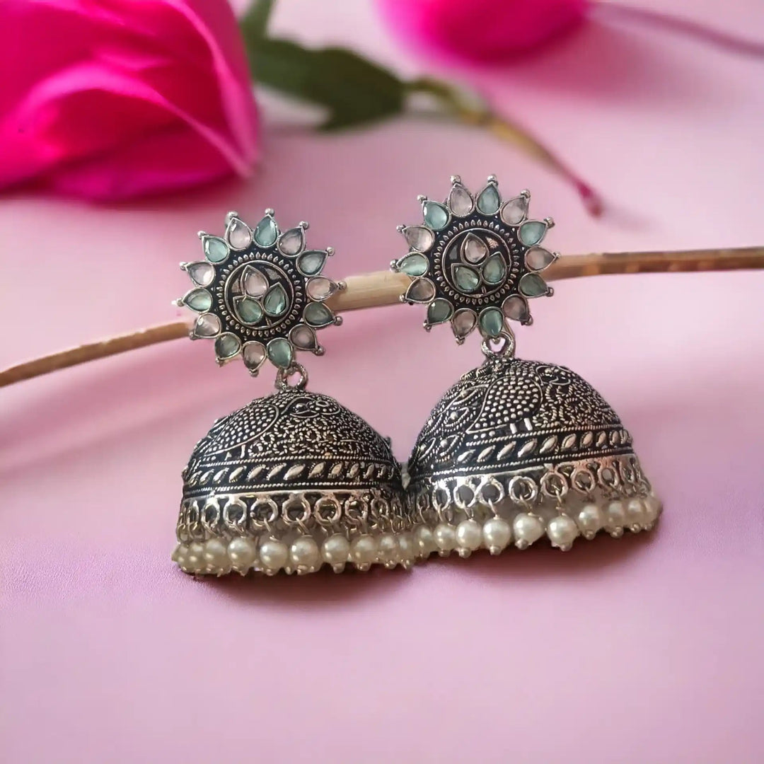 TELA NAARI CLASSIC OXIDISED SILVER JHUMKA EARRINGS