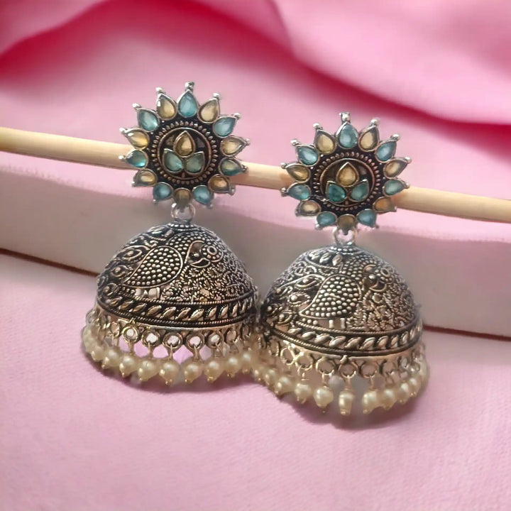 TELA NAARI CLASSIC OXIDISED SILVER JHUMKA EARRINGS